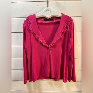 PAT PRIMO CLASSICO Pink Ruffle Trim Knit Top – Size 16